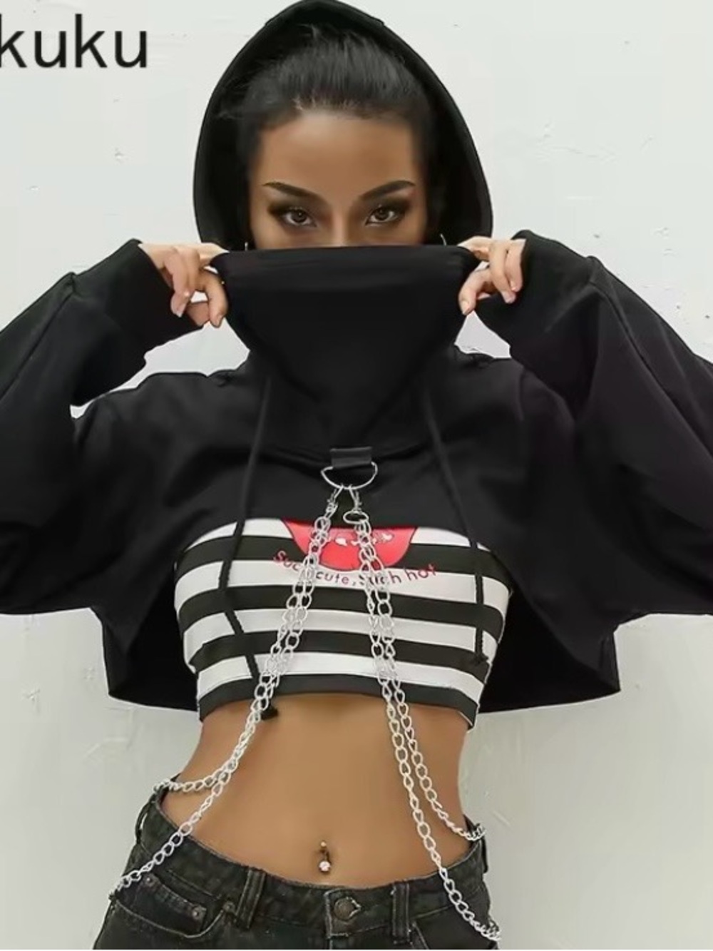 SHEIN Black Cropped Hoodie with Silver Chain Harness